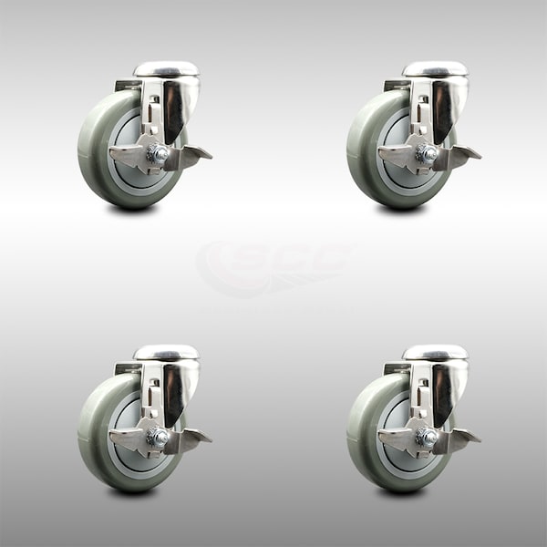4 Inch 316SS Gray Polyurethane Wheel Swivel Bolt Hole Caster Set with Brake SCC